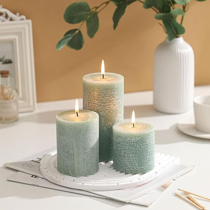 3x3 Inch Sage Green Pillar Candles - Set of 3, Long Clean Burning, Smokeless Dripless Candles for Spring Home Decor, Dinner Table, Bathroom, Rustic Decor