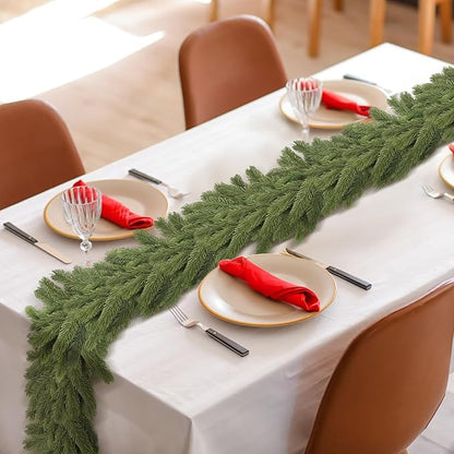 Lyrow 2 Pcs 15 ft Artificial Pine Greenery Garlands Deluxe Faux Thick Real Touch Winter Pine Garland Artificial Greenery Wreath for Table Fireplace Mantle Indoor Outdoor Christmas Decorations