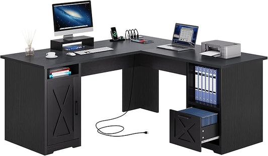 YITAHOME L Shaped Desk with Power Outlets, 60 Inch Computer Desk Corner Desk with File Drawer, Home Office Desk with Monitor Stand & Storage Shelves, L-Shaped Desk with File Cabinet, Black