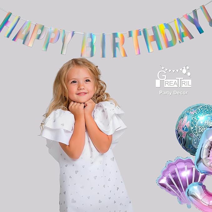 Holographic Happy Birthdays Banner - GREATRIL Pre-Strung No DIY Iridescent Birthdays Banner Bunting Colorful Signs for Birthdays Party Backdrop Decoration