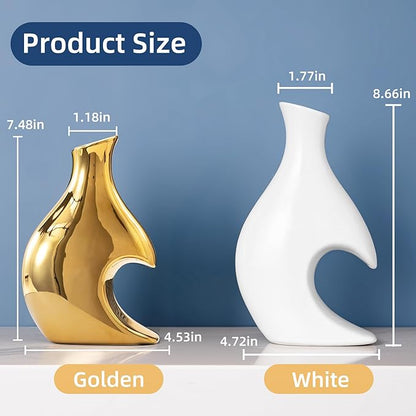 White and Gold Vases Set of 2, Modern Vases Home Decor, Heart Vase Ceramic Gold Decor, Pretty vases for Flowers, Decorative vase Table Centerpieces