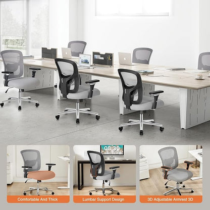 Sweetcrispy Big and Tall Office Desk Chair with Lumbar Support, 500lbs Heavy Duty Mesh Ergonomic Computer Chair with 4D Armrest and Wide Comfy Seat, Wheels for Adult, Grey