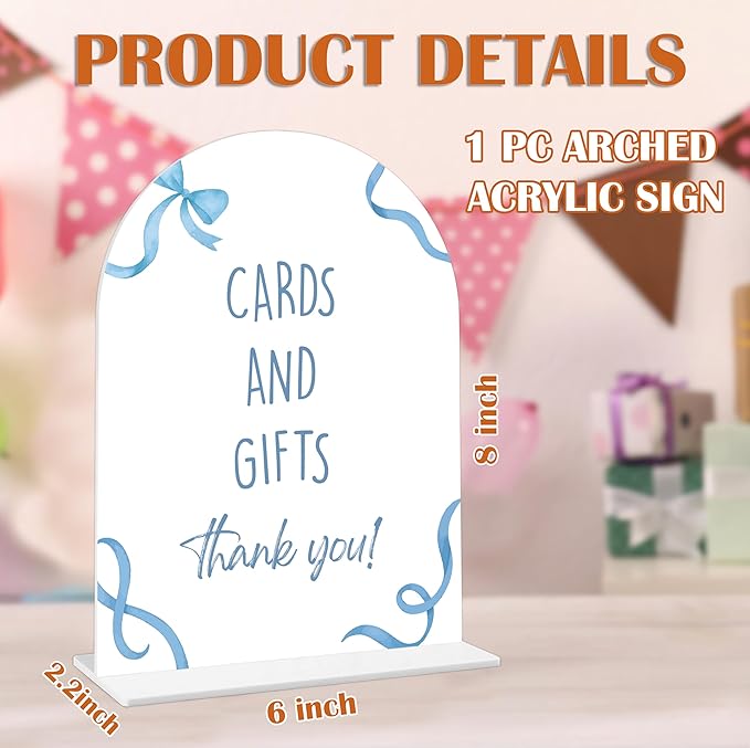 Cards and Gifts Sign - Blue Bow Baby Shower Sign, 1 Pack Arch Acrylic Sign with Stand, Gender Reveal Party Table Decor, Blue Baby Shower Supplies (SP09)