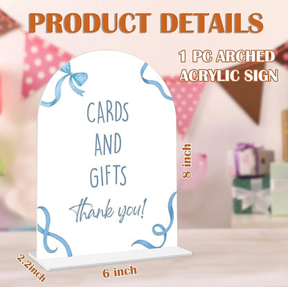 Cards and Gifts Sign - Blue Bow Baby Shower Sign, 1 Pack Arch Acrylic Sign with Stand, Gender Reveal Party Table Decor, Blue Baby Shower Supplies (SP09)