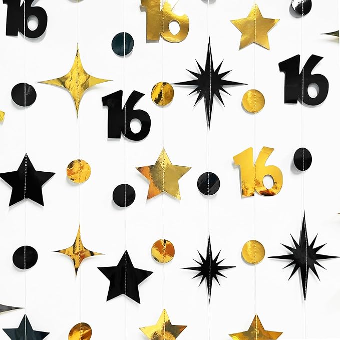 Black Gold 16th Birthday Decorations Number 16 Circle Dot Twinkle Star Garland Streamer Banner Backdrop for Girls Boys Happy 16th Birthday Sweet Sixteen Anniversary Cheers to 16 Years Party Decor