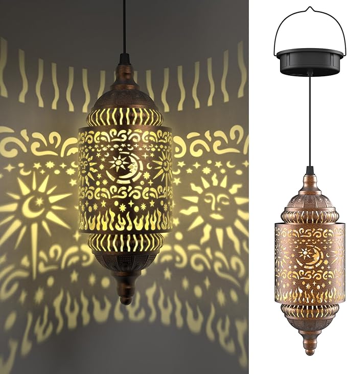 Moroccan Hanging Solar Lights Outdoor 1 Pack Garden Decor Sun and Moon Decorations Solar Lantern Waterproof for Patio Pathway Yard Backyard Garden Decorative (1)