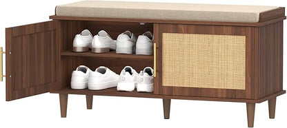 Rattan Shoe Storage Bench with Cushion, 2-Tier Entryway Bench with Adjustable Shelves and 2 Doors, 15" D x 39.4" W x 20" H, Solid Wood Legs, for Hallway, Living Room, Bedroom, Walnut