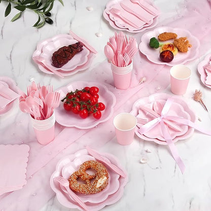 192 Pcs Pink Paper Plates And Napkins Set Party Supplies - For 24 Guests Paper Plates And Napkins Knives Spoons Forks Cups - For Baby Shower Bridal Shower Wedding