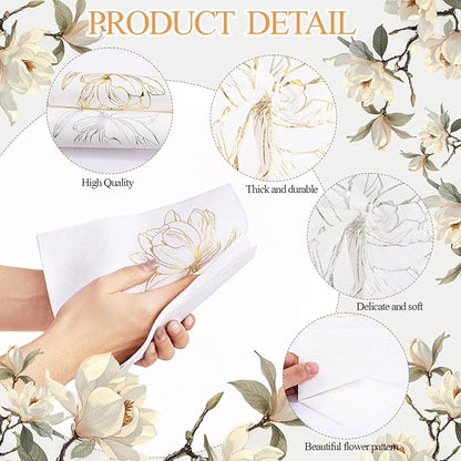 50 Pack Silver Magnolia Napkins - Silver Floral Disposable Napkins - Cloth-Like Feel Dinner Paper - Vintage Heavy Duty Hand Towels for Bathroom Wedding Holiday Party Bridal Decorative Towels