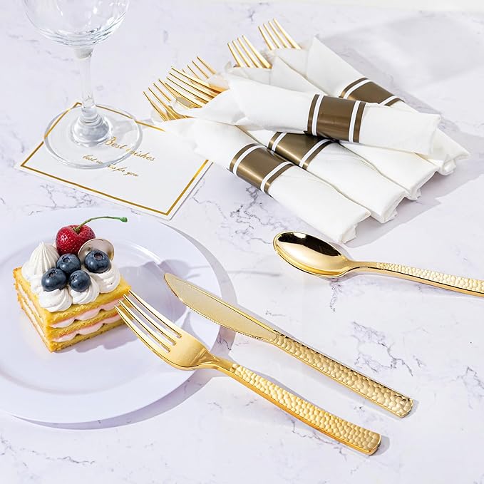 WELLIFE 300PCS Gold Plastic Cutlery,Pre Rolled Silverware Set Disposable,Hammer Pattern Design,Plastic Cutlery Includes: 75 Forks, 75 Knives, 75 Spoons, 75 Napkins, Christmas Silverware
