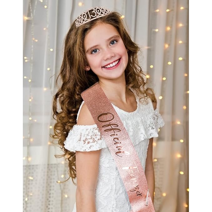 CIEHER 13th Birthday Crown & Sash Set, Rose Gold Tiara, Teen Gifts