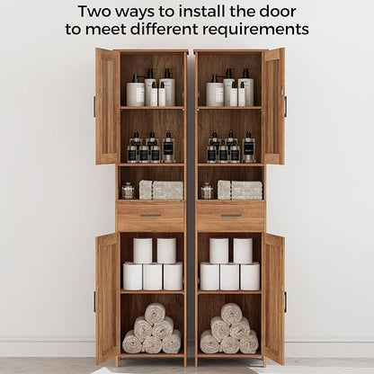Homhedy 67" H Tall Bathroom Storage Cabinet with 2 Barn Doors and 1 Drawer, Narrow Storage Unit, Adjustable Shelves, Floor Cabinet for Bathroom, Living Room, Entryway, Kitchen, Rustic Walnut, (15.7"W)