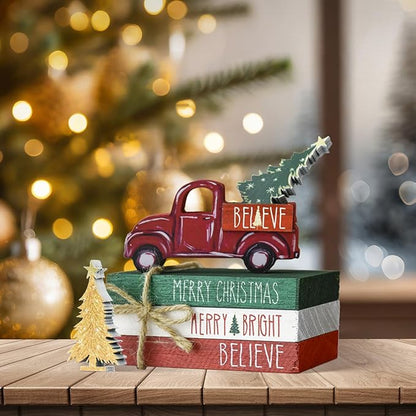 Smile Christmas Wooden Books Stack, Blieve Merry Bright Faux Books Bundle, Red Car Golden Trees Tiered Tray Decorations, for Home Table Mantle Shelf.