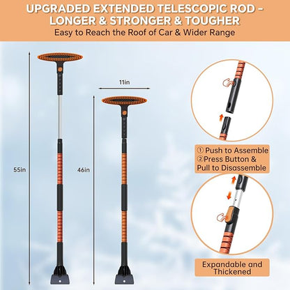 4-In-1 Snow Brush and Ice Scrapers for Car Windshield 55'' Extendable Snow Shovel Snow Broom Kit with Squeegee, Foam Grip 180°Pivoting Thicken Brush Head Portable Snow Scraper for Car, Trucks, SUV