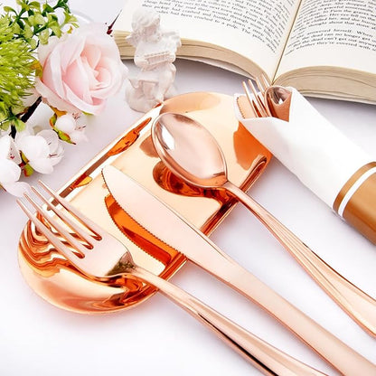 Liacere 100Pack Rose Gold Plastic Silverware - Pre Rolled Napkins with Rose Gold Cutlery - Wrapped Silverware Set Disposable100 Forks Knives Spoons Wrapped Utensils for Wedding＆Valentine's Day