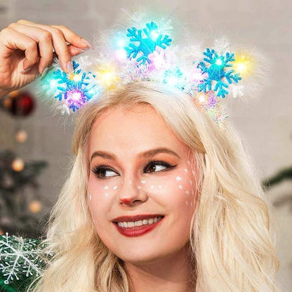 GORTIN Light up Snowflake Christmas Headbands LED Xmas Headpiece White Feather Glowing Hair Band Holiday Hair Accessories for Women and Girls