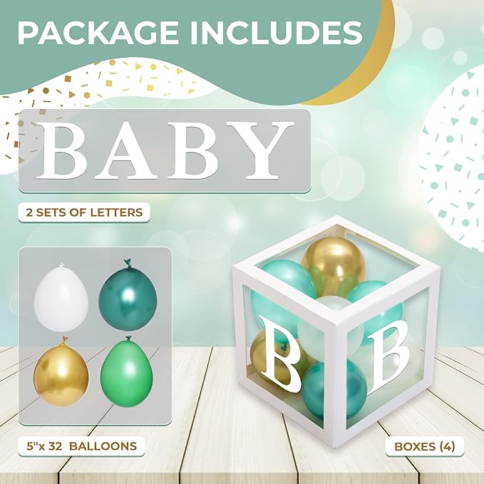 Baby Shower Boxes with Letters – White Boxes with Green, Gold & White Balloons – 44-Piece Gender Reveal & Party Decoration Set by Vellax