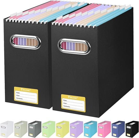 BALEINE File Organizer Box, Cardboard File Folder Organizer with Handle for Letter Size, Portable Collapsible Hanging Filing Box for Home Office Document Storage (2 Pack, Black)