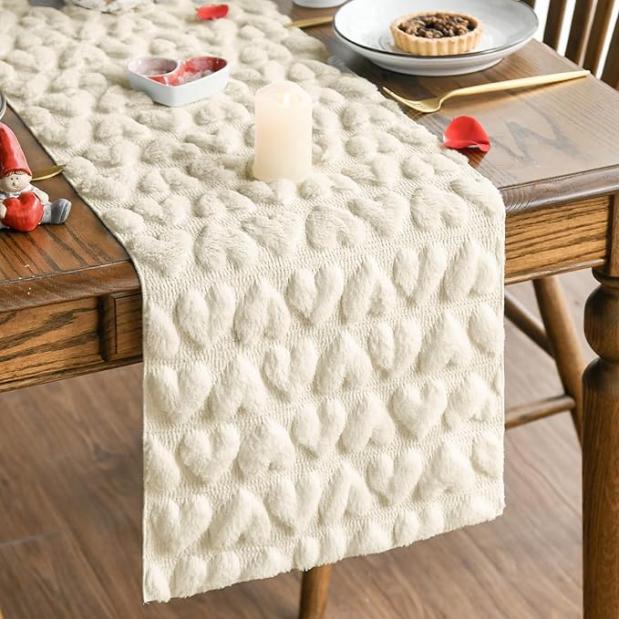 Artoid Mode Beige Soft Plush Faux Fur Jacquard Heart Valentine's Day Table Runner, Seasonal Kitchen Dining Table Decoration for Home Party Decor 13x90 Inch
