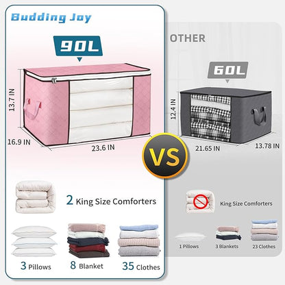 Budding Joy 90L Large Storage Bags, 4 Pack Clothes Storage Bins Foldable Closet Organizer Storage Containers Storage and Organization for Clothes, Blanket, Pillows and Toys (Pink)