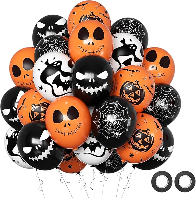 Halloween Decoration Balloons, 50pcs 12 Inch Black Orange White Halloween Balloons Bat Spooky Pumpkin Spider Web Halloween Balloons for Halloween Party Decoration Outdoor Home, Yard Backdrop Party