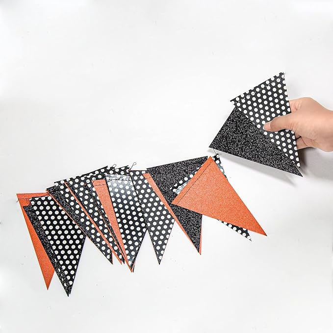 Cheerland Halloween Pennant Banner Glitter Black Orange White Dot Triangle Flag Bunting Garland for Halloween Thanksgiving Party Decorations