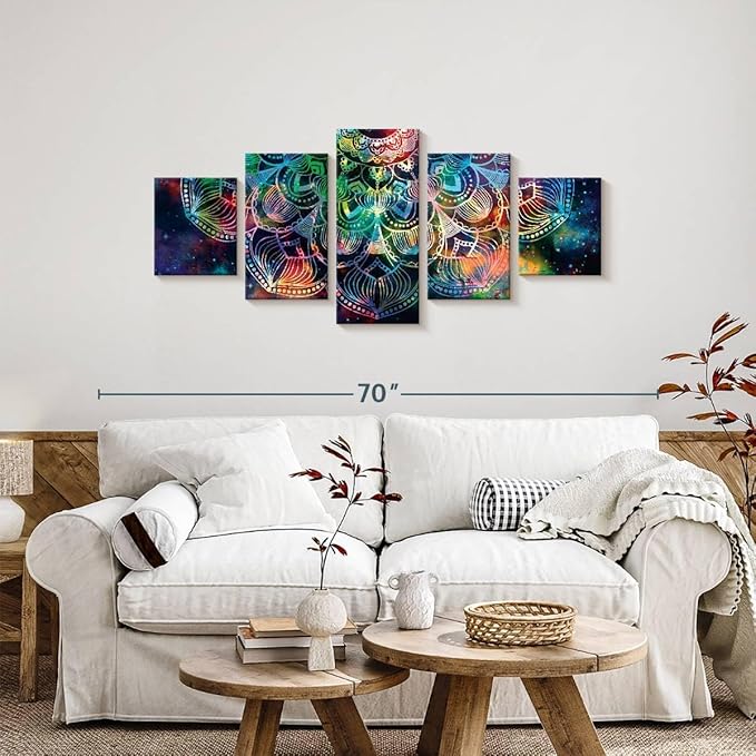 ElephantStock - Celestial Mandala Wall Art - Horizontal Multi Panel Canvas - 5 Piece Living Room Wall Decor - Digital Art Elements Multi Piece Wall Art - Turquoise And Blue Decor - 55" x 24"
