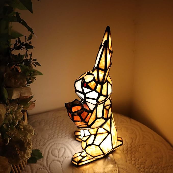 Bieye L10950 Rabbit Holds Carrot Tiffany Style Stained Glass Accent Table Lamp for Home Decor (Brown)