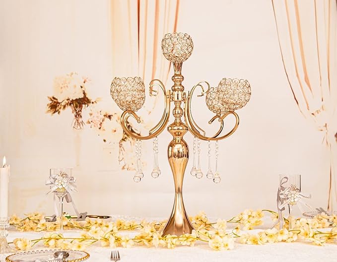 Gold Centerpiece for Table, 25.6in Candle Holder for Table Centerpieces, 5Arms Tall Crystal Candelabra Candle Holder, Candelabra Centerpieces for Table Wedding Christmas Party Event