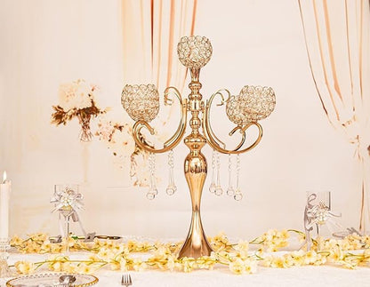 Gold Centerpiece for Table, 25.6in Candle Holder for Table Centerpieces, 5Arms Tall Crystal Candelabra Candle Holder, Candelabra Centerpieces for Table Wedding Christmas Party Event