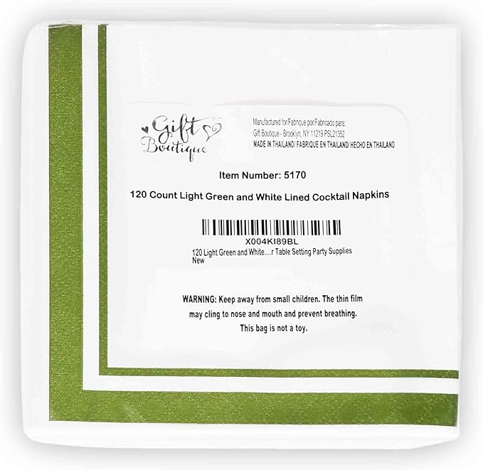 Gift Boutique Light Green and White Cocktail Napkins – 120 Pack 5 x 5 Inch 3-Ply Disposable Lined Beverage Napkins for Parties, Weddings, Events, and Everyday Use