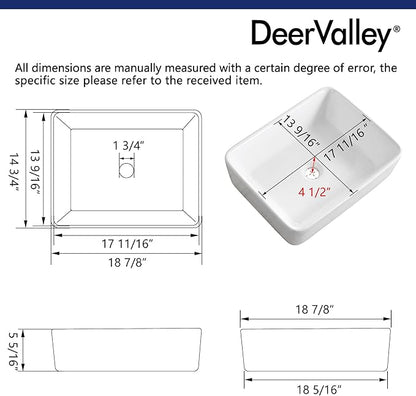 DeerValley Ally 19x15 Inch Rectangular Vessel Sink, White Ceramic Above Counter Bathroom Basin, DV-1V031