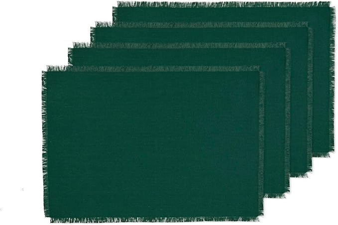 Solino Home Fringe Linen Placemats Set of 4 - Evergreen Placemats 14 x 19 Inch - 100% Pure Linen Table Mats for Fall, Autumn, Christmas, Winter, New Year - Handcrafted and Machine Washable