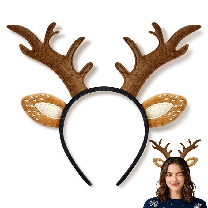 Reindeer Antlers Headband for Women - Cute Fluffy Deer Ears Realistic Headband, Christmas Party Cosplay Accessories Costume Supplies
