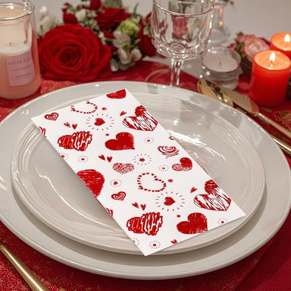 50PCS Red Paper Napkins - Red Heart Napkins Disposable - Heavy Duty Linen Feel Guest Towels for Bathroom, Women’ s Day, Wedding, Bridal Shower, Engagement, Party, Galentine