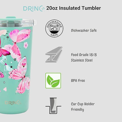 Drinco - 20 oz Stainless Steel Tumbler | Double Walled Vacuum Insulated Mug With Lid, 2 Straws, For Hot & Cold Drinks (20oz Butterfly)
