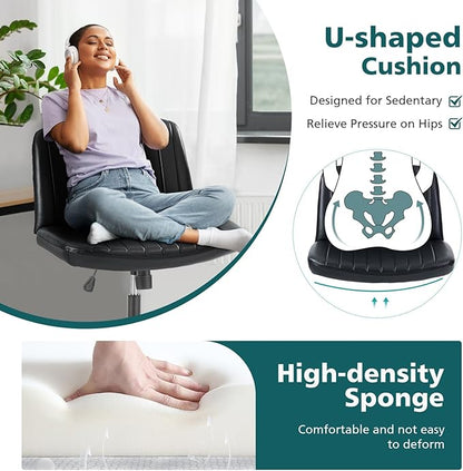 OLIXIS Criss Cross Chair with Wheels Wide Cross Legged Office Desk Vanity Chair Comfy Fabric Armless Adjustable Swivel for Home Computer Task PU Black