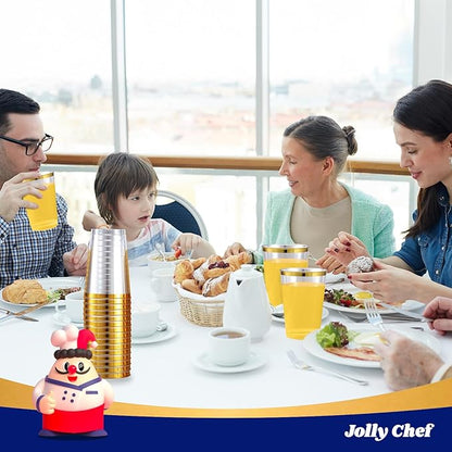 JOLLY CHEF 200 Pack 12 oz Gold Plastic Cups Elegant Gold Rimmed Disposable Cups Heavy-Duty Party Cups for Wedding, Thanksgiving, Christmas Parties