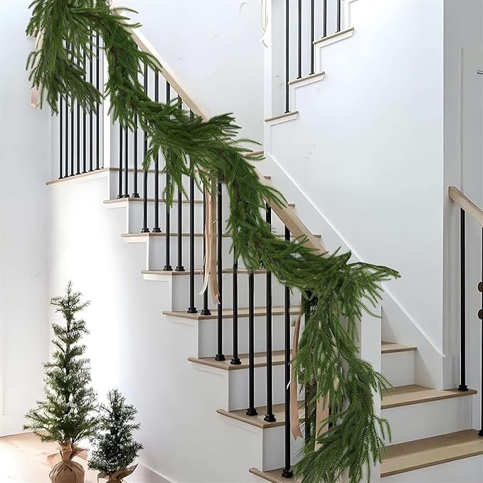 Christmas Garlands Artificial Norfolk Pine Garland Real Touch Faux Greenery Garland for Holiday, Fireplace, Mantle, Window, Stairs, Indoor, Outdoor Decor, 9FT