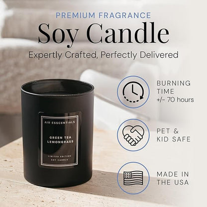 Air Esscentials Clean Scented Soy Candles, Soy Wax Blend with Luxury Fragrance, Aromatherapy Candle for Home & Office, 70 Hour Burn Time, Green Tea & Lemongrass, 11 oz.