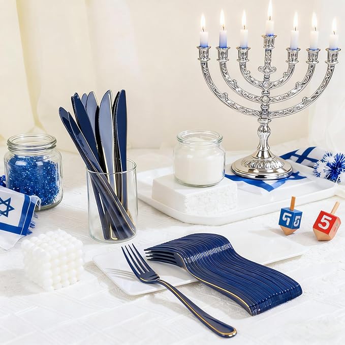WDF 180PCS Blue Plastic Silverware -Blue and Gold Plastic Cutlery 60 Forks, 60 Knives, 60 Spoons - Heavy Duty Disposable Silverware for Party/Wedding/Hanukkah