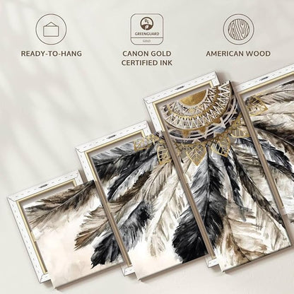 ElephantStock - Necklace Of Feathers Iii Wall Art - Horizontal Multi Panel Canvas - 5 Piece Living Room Wall Decor - Painting Multi Piece Wall Art - Brown And Gray Decor by Eva Watts - 55" x 24"