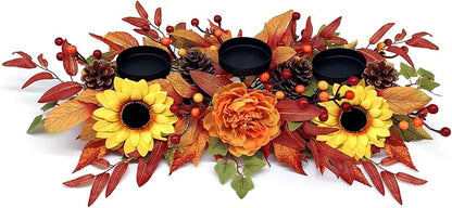 Thanksgiving Centerpiece Fall Table Decorations, Artificial Sunflowers, Peony, Berries, Pine Cones and Autumn Leaves Harvest Table Candelabrum for Fireplace Mantel (Candle Not Included)