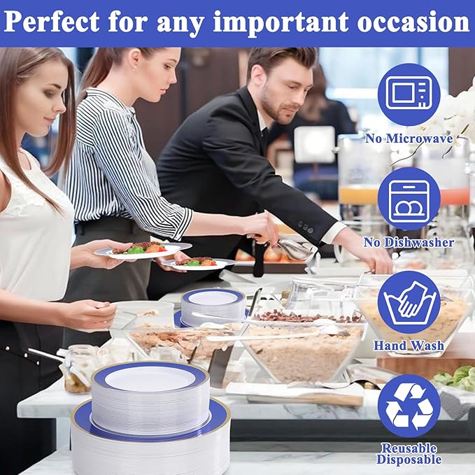 100Pack Plastic Plates Disposable Heavy Duty for Christmas Include 50PCS 10.25inch Dinner plates and 50PCS 7.5inch Dessert Plastic Plates for Party Wedding Birthday New Year