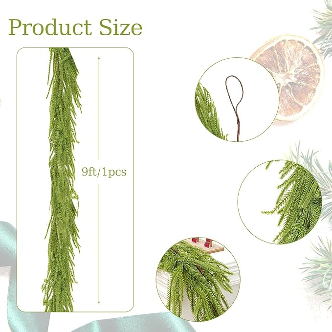 1PCS 9FT Christmas Norfolk Garland Decorations, Faux Pine Garland Outdoor, Artificial Unlit Green Garlands, Christmas Mantel Decoration Indoor, Thick Greenery Xmas Decor in The Winter
