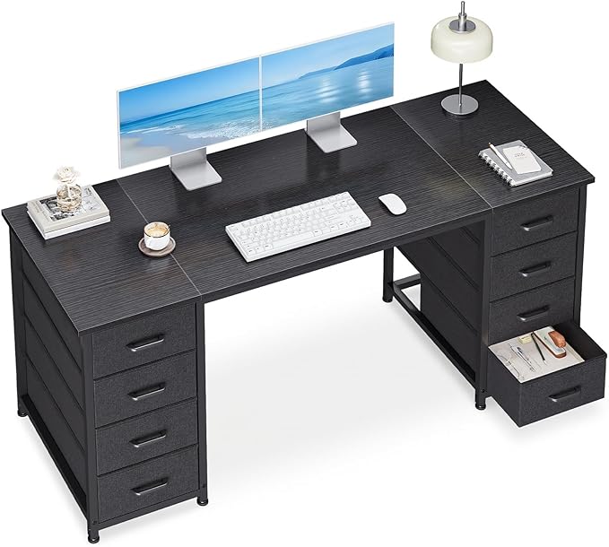 Casaottima 55 Inches Computer Desk with 8 Fabric Drawers, Modern Office Desk with Large Storage for Home Office, Study, Black
