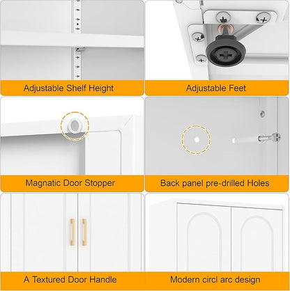 Metal Storage Cabinet with 3 Adjustable Shelves, 60" Tall Kitchen Storage Cabinet with Gold Handles, White Pantry Cabinets for Kitchen, Living Room, Hallway - Assembly Required