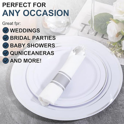400PCS Wrapped Silver Plastic Silverware Sets - Heavy Duty Plastic Silverware Include Pre Rolled Disposable Utensils with Napkins for Parties & Dinners & Weddings