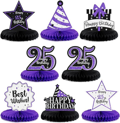 Happy 25th Birthday Decorations,25th Bday Purple Glitter Shiny Stand Honeycomb Table Centerpieces - Cheers to 25 Years Old Birthday Party Photoprop Gift Sign.