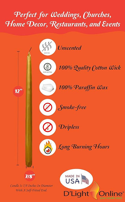 D'light Online Premium Quality 12" Metallics Taper Candles - Unscented, Dripless and Smokeless for Christmas Decor, Holiday Dinners and Festive Parties - Set of 12 (12 Inch, Lustrious Metallics)